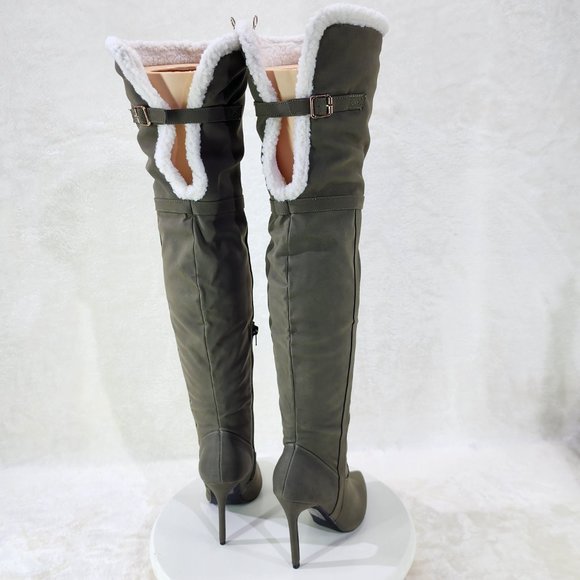 Olive Green Fluffy Fleece Lined  Fold Under / Over the Knee Pointy Toe Boots - Picture 3 of 13
